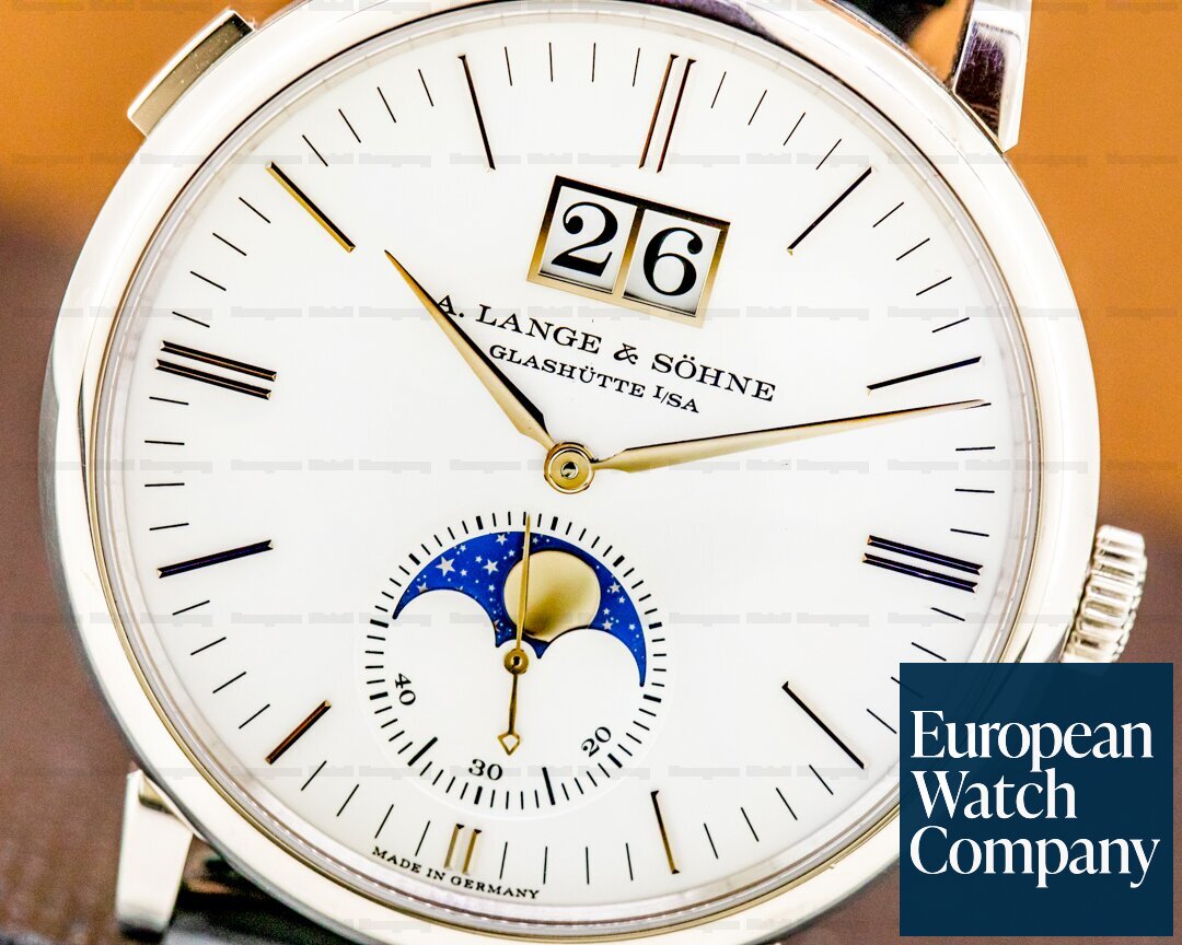 A. Lange and Sohne Saxonia Moon Phase Automatik 18K White Gold / Silver Dial UNWORN Ref. 384.026