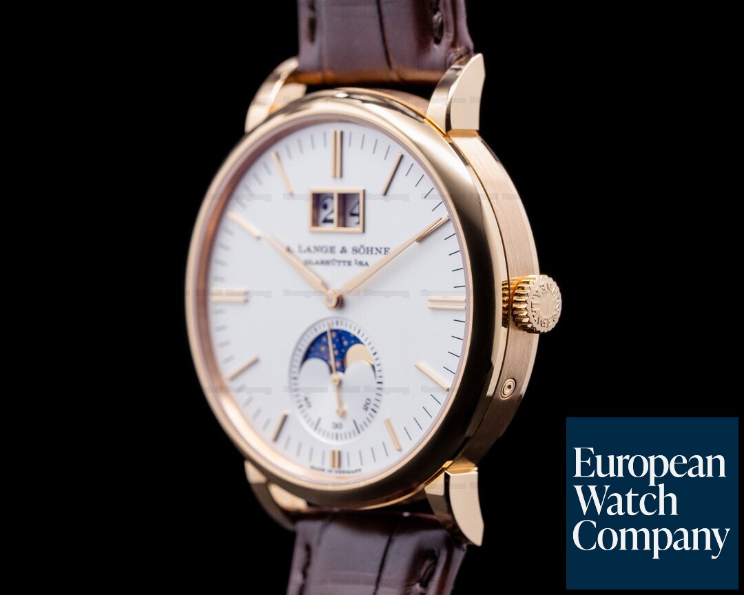 A. Lange and Sohne Saxonia 384.032 Moon Phase Automatik 18K Rose Gold Silver Dial Ref. 384.032