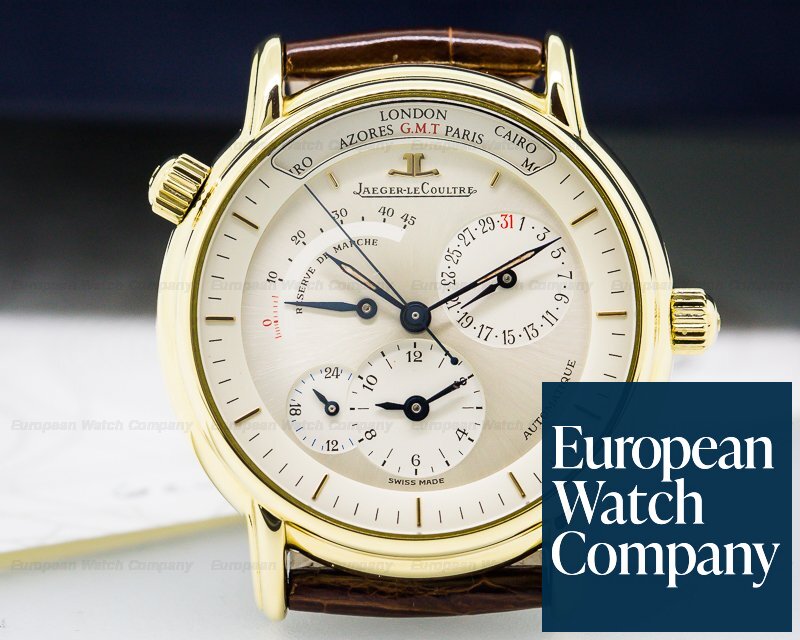 SOLD JAEGER LECOULTRE COMPRESSOR GEOGRAPHIC SOLID 18K GOLD WATCH