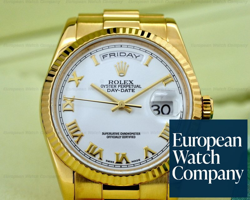 Rolex 118238 Day Date President White Roman Dial 18K Yellow Gold 