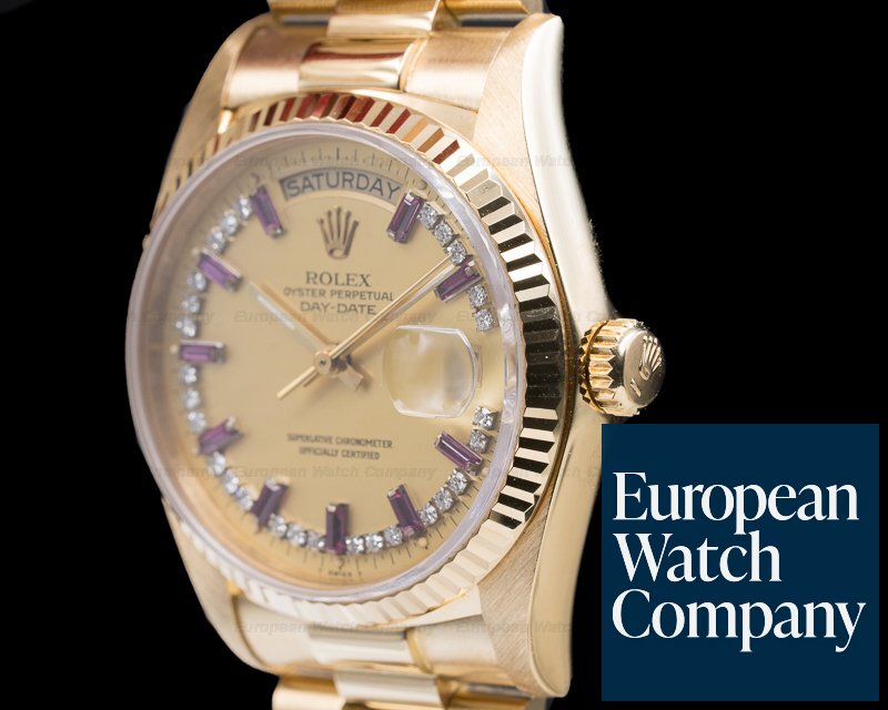 Rolex Day Date Diamond and Ruby String Dial Yellow Gold Ref. 18038 