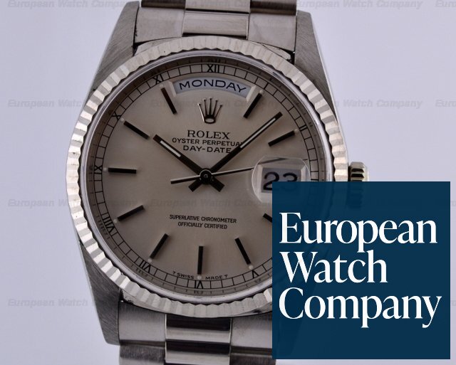 Rolex Day-Date 18K White Gold President Silver Stick Dial T Series (1996) Ref. 18239