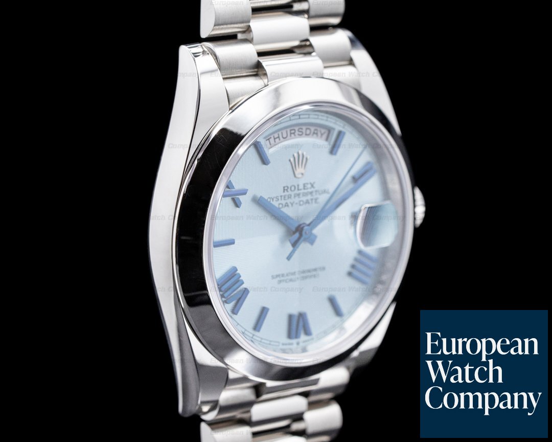 Rolex 228206 Day Date 40 Platinum with Ice Blue Quadrant Motif Roman Dial