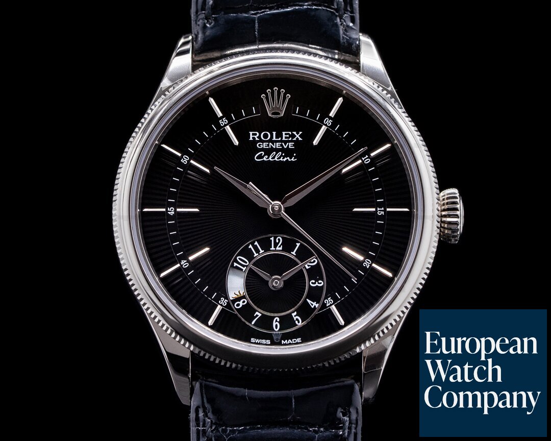 Rolex Cellini 50529 Dual Time Black Guilloche 18K White Gold UNWORN Ref. 50529