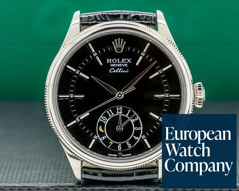 Rolex Cellini Dual Time Black Guilloche 18K White Gold UNWORN Ref. 50529