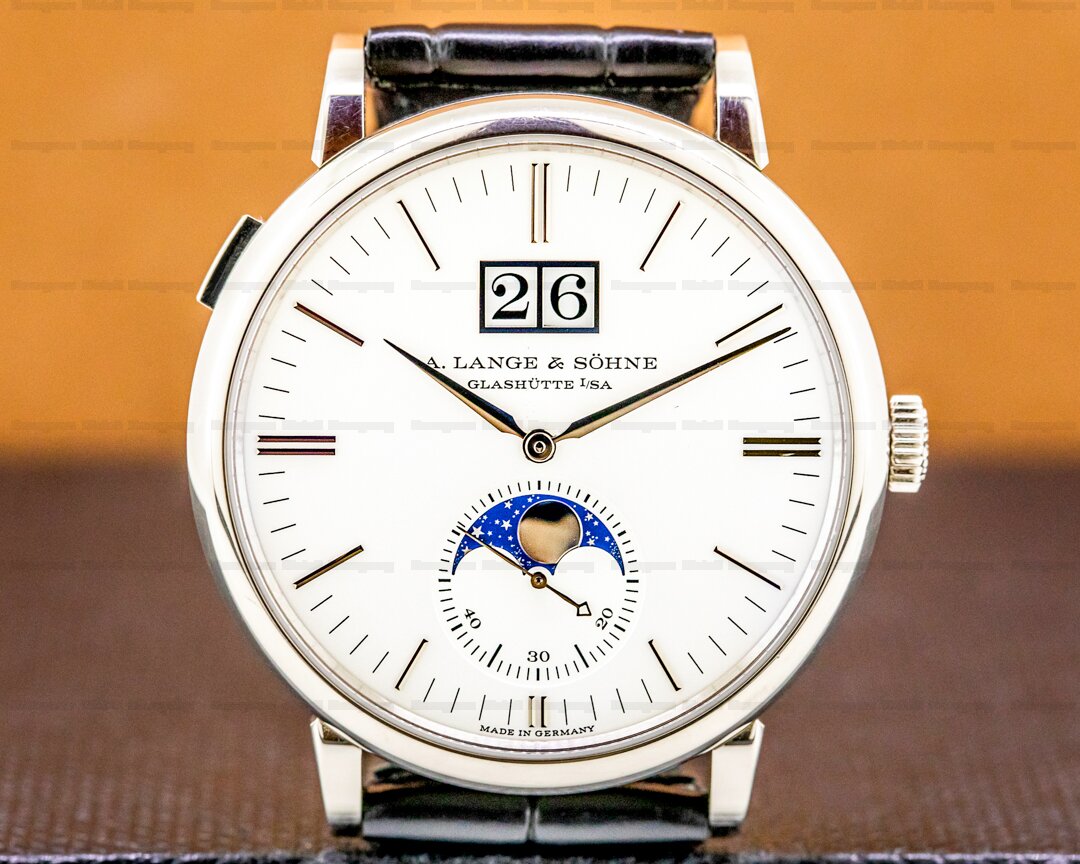 A. Lange and Sohne Saxonia Moon Phase Automatik 18K White Gold / Silver Dial UNWORN Ref. 384.026