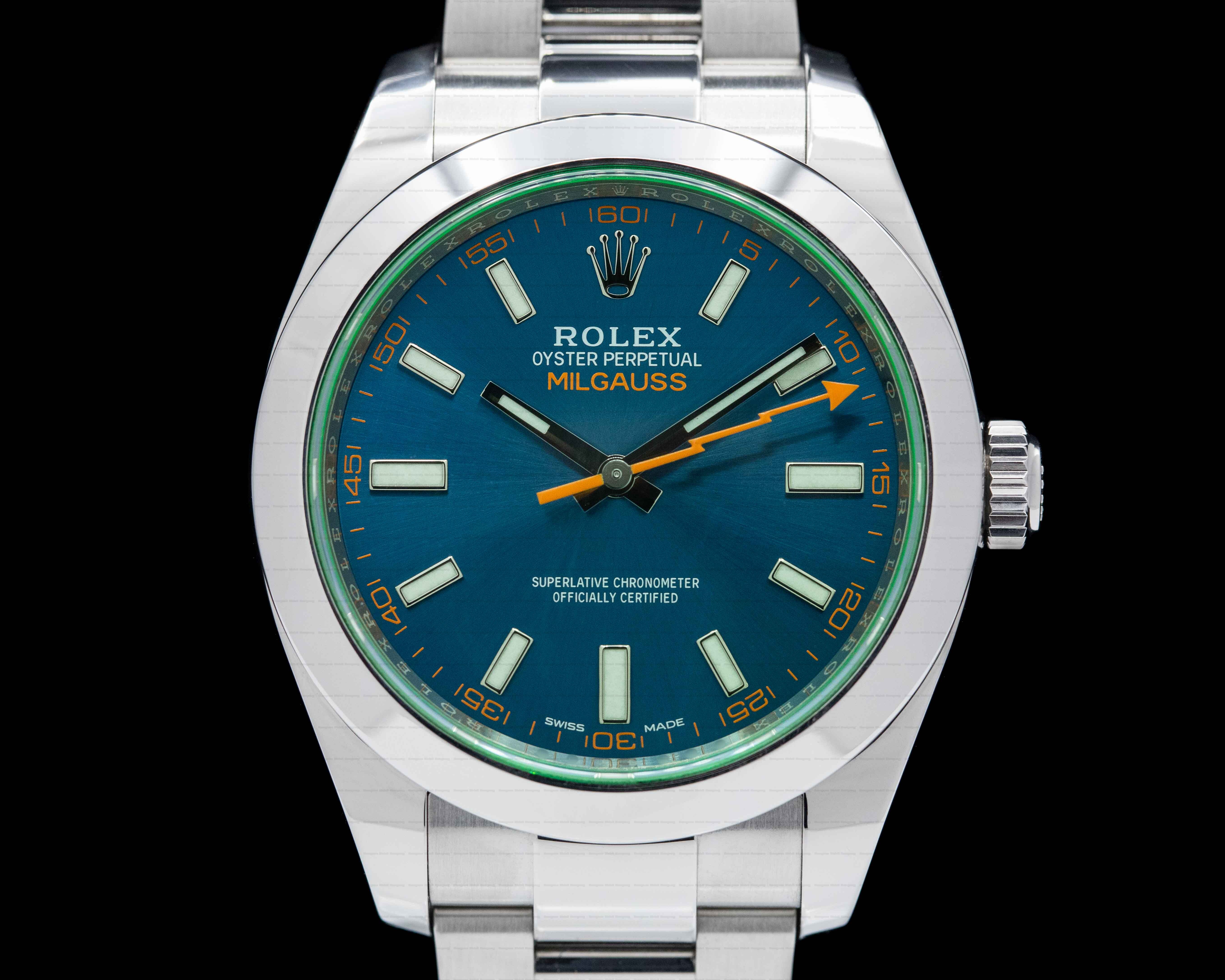 Rolex Milgauss SS Blue Dial Green Crystal Ref. 116400
